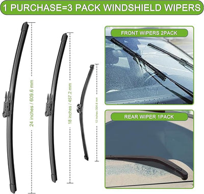 PARRATI® Windshield Wiper Blades for Lincoln MKX 2016-2018, 3 Pack | 24/18 Inch Front +12 Inch Rear, OEM Replacement, Ultra Quiet, No Streaks All Weather Wiping