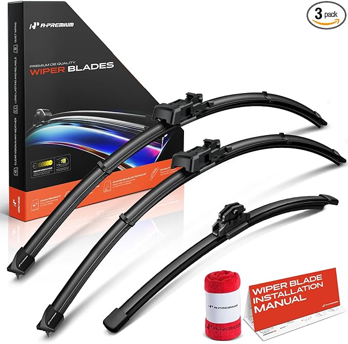 A-Premium 26"+26"+14" Windshield Wiper Blades with Wear Indicator & Towel | Compatible with Audi Q7 2007-2015, Front Rear Wipers Blade, TL2/FR_DA Arm Connector, Pack of 3