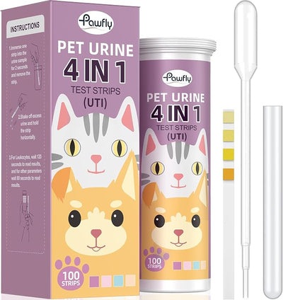 Pawfly Urine Test Strips for Dogs & Cats, 100 Strips, 4 in 1 Pet Urine Testing Strips for Leukocytes, Nitrite, Protein & Blood, UTI Test Strips, Urinalysis Test Strips for Vets
