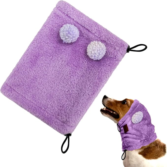 Dog Ear Muffs Noise Protection - Soft Calming Hood for Anxiety Relief, Fireworks, Thunder, Grooming & Vet Visits - Elastic Band & Comfortable Neck Warmer for Travel (Purple, Small)