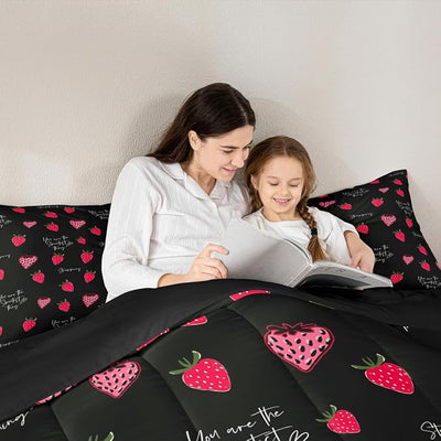 Erosebridal Strawberry Comforter Set, Kawaii Twin for Kids Girls, Cute Strawberries Quilted for Boys Women Bedroom Decor, Cartoon Fruit Soft Microfiber Bedding Set, Red Black
