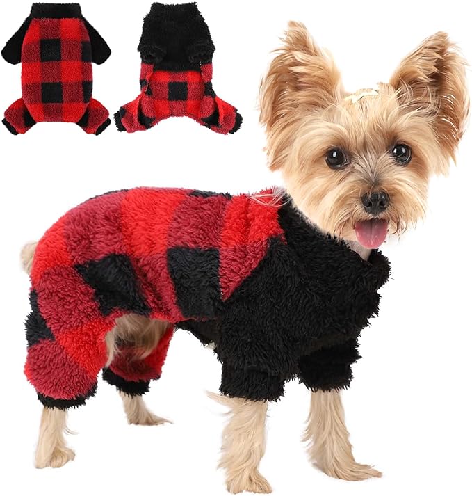 Christmas Dog Pajamas for Small Dogs, Fleece Dog Sweater, Winter Cute Tiny Clothes Outfit Puppy Clothes Pet Jumpsuits Chihuahua Yorkie Cat Clothing, Red,XS