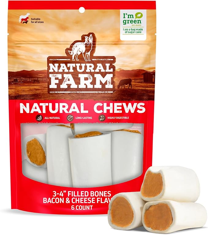 Bacon & Cheese Filled Bones (3-4 Inch, 6 Pack), Limited Ingredient, Natural Stuffed Dental Dog Bone Treats for Dogs, Made with Real Beef