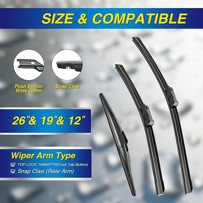 5 PLUS® Silicone Windshield Wipers Replacement for 2022-2024 Infiniti QX60 Wiper Blades(Set of 3),Automotive Replacement Windshield Wiper Blades For My Car-26"/19"/12"