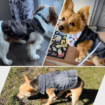 Dog Jean Jacket, Blue Denim Shirt Classic Lapel Vest Coat Costume Puppy T-Shirt, Comfort Tank Top Cool Apparel, Washed Pet Clothes for Dogs Boy Girl (Black with D-Ring, Small)
