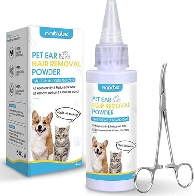 Dog Ear Powder for Hair Removal Kit – 42g Ear Powder for Dogs with Curved Grooming Tweezers, Helps Remove Excess Ear Hair & Reduce Odor for Poodles, Schnauzers, Shih Tzus & Other Breeds