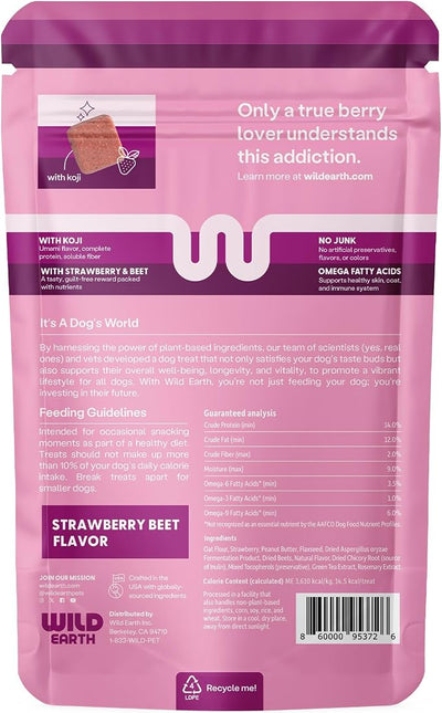 Wild Earth Superfood Dog Treats, Plant Based Dog Treats with Omega Acids, Prebiotics & Koji Protein, No Fillers, Veterinarian-Developed, Strawberry & Beet Flavor