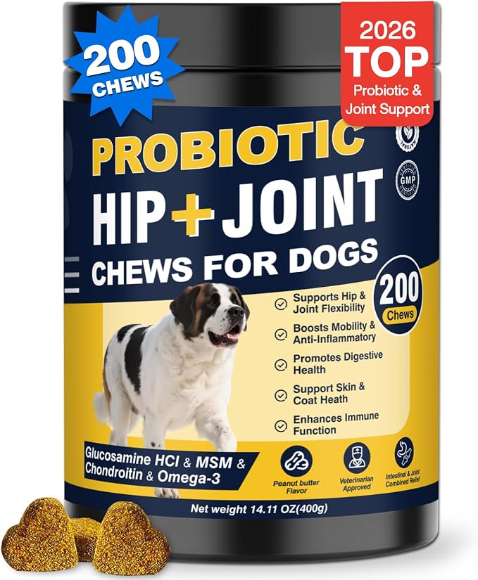 Hip and Joint Supplement for Dogs Probiotics Glucosamine Chondroitin MSM Chew for Dog Arthritis Pain Relief Extend Joint Care, Probiotic for Digestive/Gut Health for Large/Small/Senior - Peanut Butter