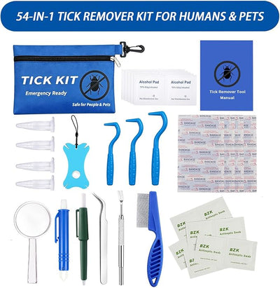 54-in-1 Tick Removal Tool Kit for Dogs, Cats and Humans, Tick Remover Set with Stainless Steel Tweezers, Hooks, Pullers and Blue Water-Resistant Case for Hiking Camping Outdoor