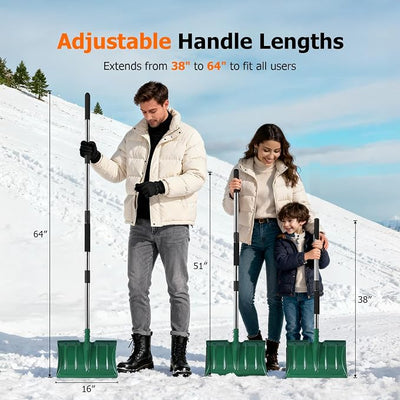 64" Long Handle Snow Shovel, Heavy Duty Metal Snow Shoveling Tool with 16" Wide Blade, 32mm Wide Ergonomic Handle & Anti-Freeze Foam for Snow Removal from Driveway & Car, Mulch, Soil, Grain and Seed