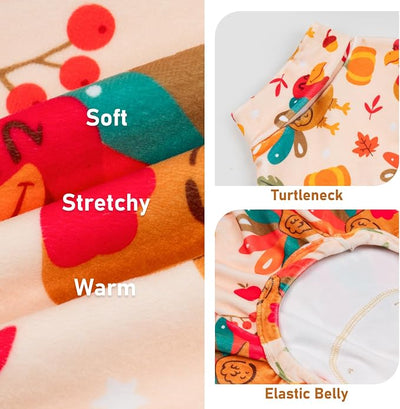KYEESE Thanksgiving Dog Pajamas, Turtleneck Dog Pajamas for Small Dogs Boy Girl, Soft Velvet Turkey Print Pet Onesie with 4-Leg Design, Stretchy Jammies Cozy Holiday Pjs, Medium