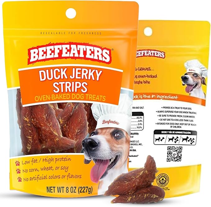 Beefeaters Duck Jerky Strips for Dogs 8oz, Oven-Baked High Protein Dog Treats Duck Jerky - Low Fat Grain-Free Dog Snacks - No Corn Wheat or Soy - Chewy Dog Jerky Treats for Training and Rewards