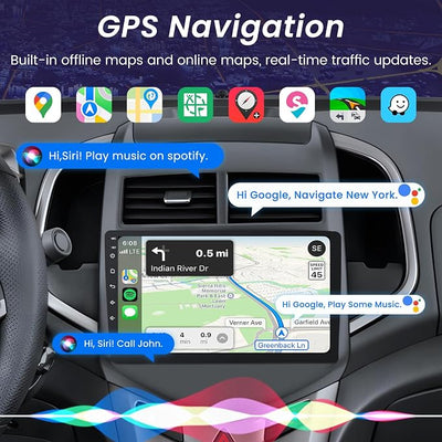 4 + 64G ROM Android 15 Car Radio for 2012-2016 Chevy Aveo Sonic: 9" QLED HD IPS Touchscreen Stereo, Wireless Carplay Android Auto 5G WiFi GPS FM 1080P Backup Camera SWC Bluetooth Voice Control