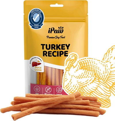 iPaw Turkey Dog Treats, SQF Certified Human Grade Dog Treat, Suitable for Training Chew, Hypoallergenic, Rawhide Alternative, Thin Stick (Duck Liver)