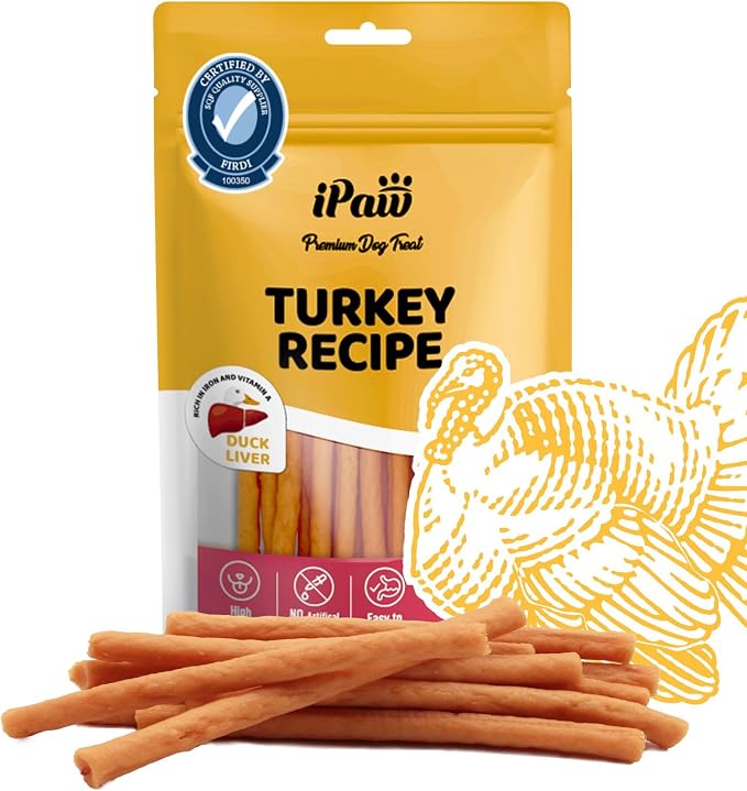 iPaw Turkey Dog Treats, SQF Certified Human Grade Dog Treat, Suitable for Training Chew, Hypoallergenic, Rawhide Alternative, Thin Stick (Duck Liver)