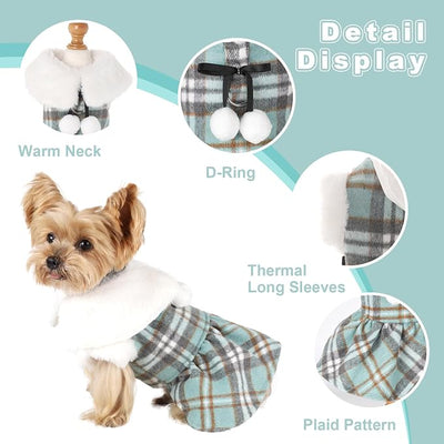 Dog Sweater with Leash Set Plaid Fleece Dog Clothes for Small Dogs Girl Boy Winter Pet Dress Cold Weather Coat Fall Sweater for Chihuahua Yorkie Cat Puppy Costumes (Turquoise, Medium)