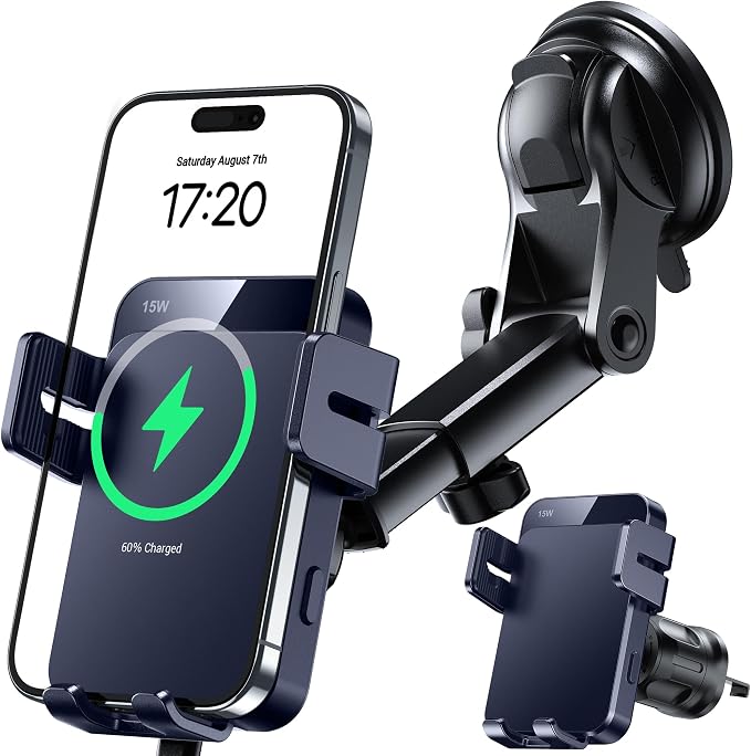 MOKPR Wireless Car Charger, 15W Auto Clamping Car Charger Dash Windshield Air Vent Phone Holder Compatible with iPhone 16 15 14/13/13 Pro/12 pro/12/11/X/8, Samsung S24/S23/S22
