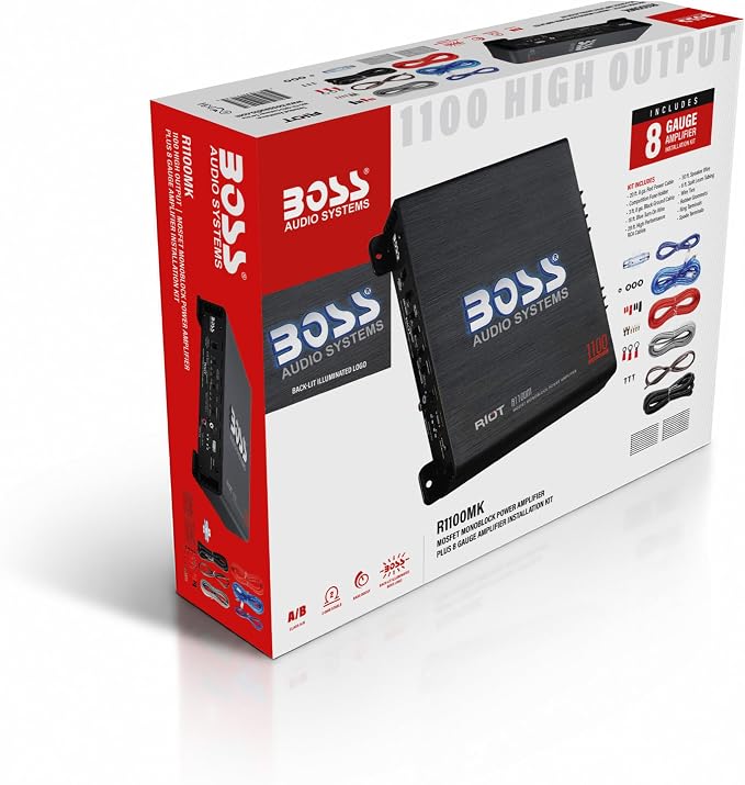 BOSS Audio Systems R1100MK Monoblock Car Amplifier and 8 Gauge Wiring Kit - 1100 High Output, High Low Level Inputs, Low Pass Crossover