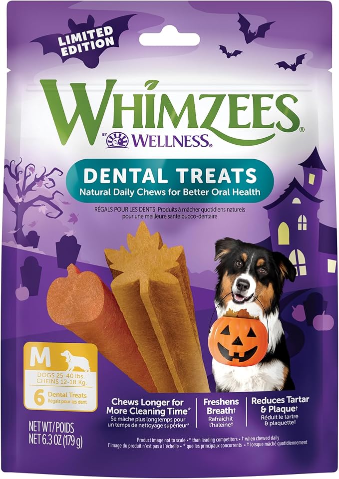 Fall Natural Dog Dental Treat, Autumn Halloween Seasonal Gift, Chews, Freshens Breath, Medium Size, 6.3 oz Bag, 6 Count
