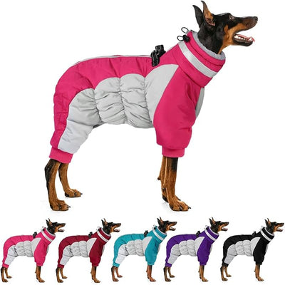 MIGOHI Full Body Dog Coat，Warm Coats for Large Dogs | Reflective Winter Coat for Dogs with Harness,Turtleneck Dog Snowsuit with Legs,Windproof Pet Fleece Puffer Jacket,XXXL,Rosered