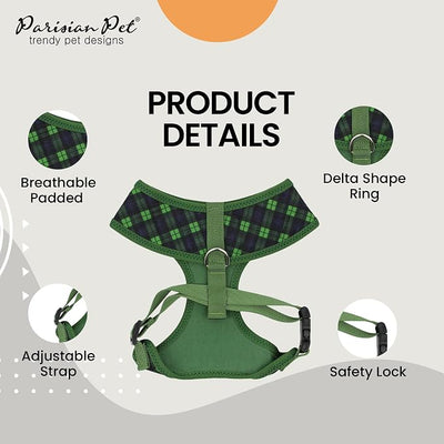 Parisian Pet Green Plaid Dog Harness - Breathable No Pull Puppy Harness with Leash Ring - Adjustable Harnesses for Dogs - Soft Padded Step-in Pet Vest - Lightweight Dog Vests for Small Sized Dogs