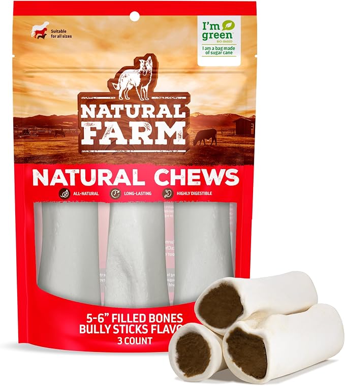 Filled Dog Bones, Bully Stick Flavor (5-6 Inch, 3 Pack), Limited Ingredient Stuffed Dental Dog Bone Treats for Large Dogs