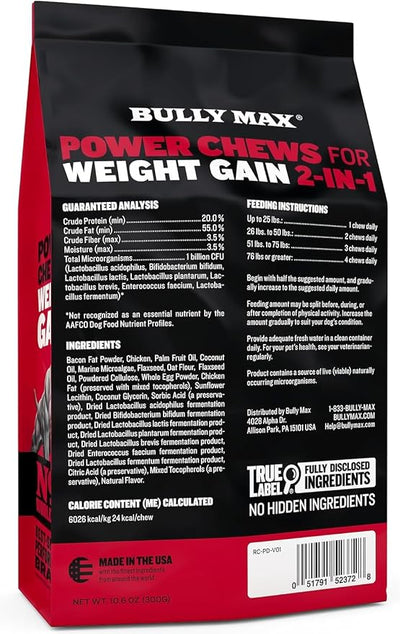 Bully Max Weight Gainer Dog Chews for Puppies and Adult Dogs - High Calorie Dog Food Treats Performance Supplement for Healthy Weight Gain, Immunity & Digestion - 75 Soft Chews for All Breeds, 2 Packs