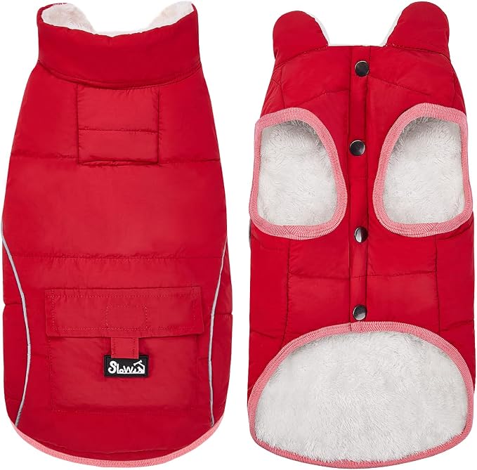 SlowTon Dog Coat - Warm Dog Winter Coat Waterproof, Reflective Winter Jacket with Pocket, Puppy Fleece Vest Pet Apparel Cold Weather Clothes for Small Medium Large Dogs Boy Girl (Red, XS)