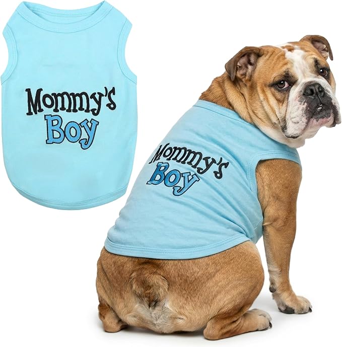 Parisian Pet Dog Shirt for Mother's Day – 100% Cotton Shirts for Large Dogs – Blue Sleeveless Puppy Clothes – Lightweight and Breathable Dog Apparel – Boy Dogs Clothes - Stretchy Mommy’s Boy Pet Shirt