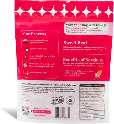 Lord Jameson Sweet Beat Light & Crunchy Love Puffs - Strawberry & Beet - Dog Treats, Low-Calorie, Low-Sugar, Gluten & Preservative-Free, USDA Certified Organic - Made In USA 4 oz