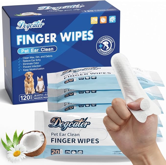 Dogcator Dog Finger Wipes, 120 Count Ear Cleaner for Dogs Cats Bathing Wipes, Pet Dental Clean Finger Wipes, Natural Puppy Eye Wipes | Soothes Itchy Dry Skin, Coconut Scent Dog Ear Infection Treatment