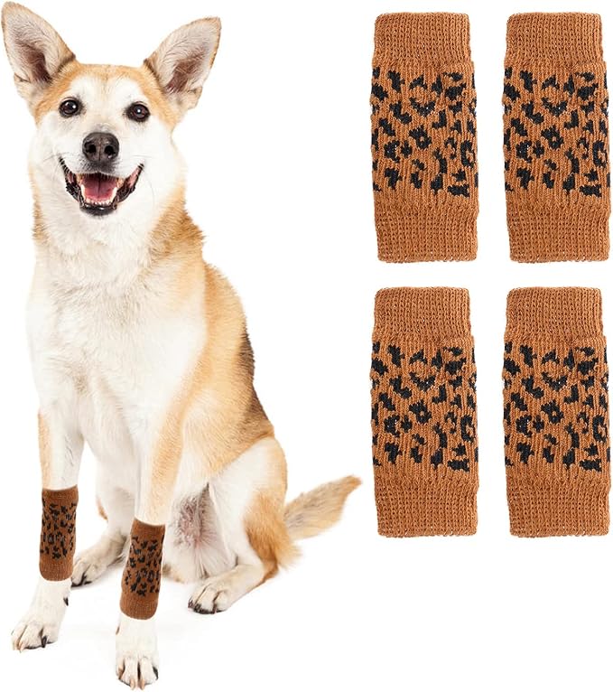 Dog Leg Wound Cover, 2PCS Front Leg and 2PCS Back Leg Knee, Dog Elbow Wrap, Dog Leg Warmer Wrap Protector, Pet Elastic Knitted Breathable Protective Socks Khaki XL