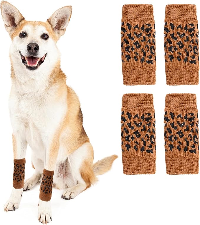 Dog Compression Sleeve, 2PCS Front Leg and 2PCS Back Leg Knee, Dog Elbow Wrap, Dog Leg Warmer Wrap Protector, Pet Elastic Knitted Breathable Protective Socks Khaki M