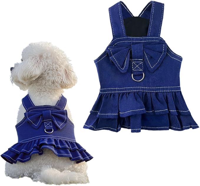 1 Pcs Cute Dog Dress Puppy Clothes with Bownot for Female Girl Small Dogs Outfits Harness for Outdoor Walking Birthday Party Denim Skirt M