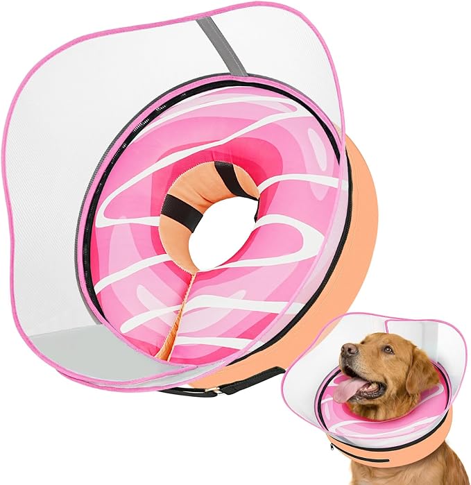Raised Inflatable Dog Cone After Surgery - Adjustable Recovery Donut Collar with Removable Shield to Stop Licking Wounds & Protect Stitches - Soft Dog Cone Alternative for Large Dogs (Pink,L)