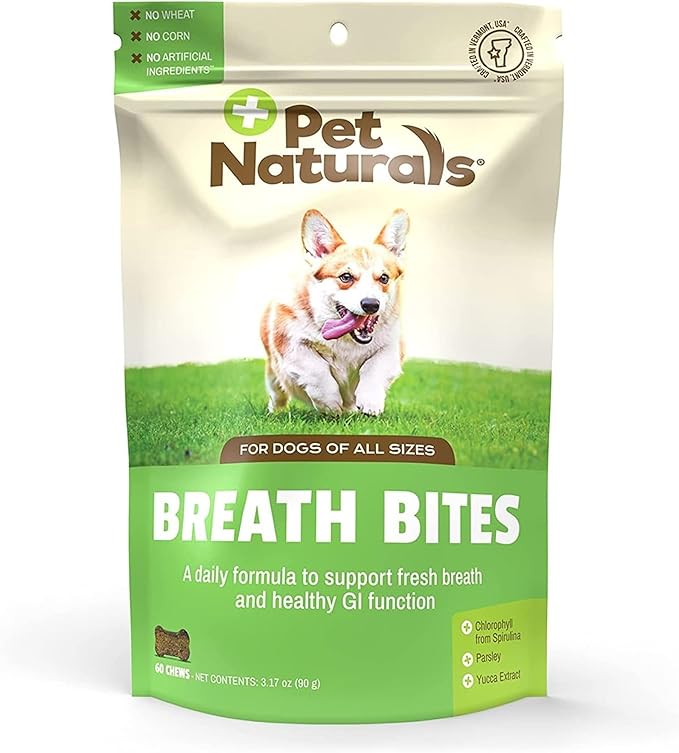 Breath Bites for Dogs – Breath Freshener Chews, Spirulina, Parsley, and Mushroom Extract, Fights Bad Breath in Small to Large Dogs, Chicken Liver Flavor, 60 Count