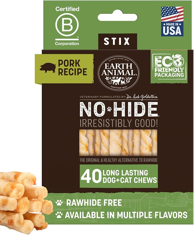 No Hide Stix - Long Lasting Rawhide Free Small Dog Chews Sticks, Pork - 40 Count Extra Value Pack