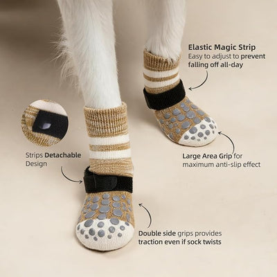 PUPTECK Anti-Slip Dog Socks with Double Sides for Small Medium Large Dogs Hardwood Floors Prevents Licking, Dog Shoes for Hot Pavement Traction Control Paw Protector for Senior Dogs, Striped Khaki XS