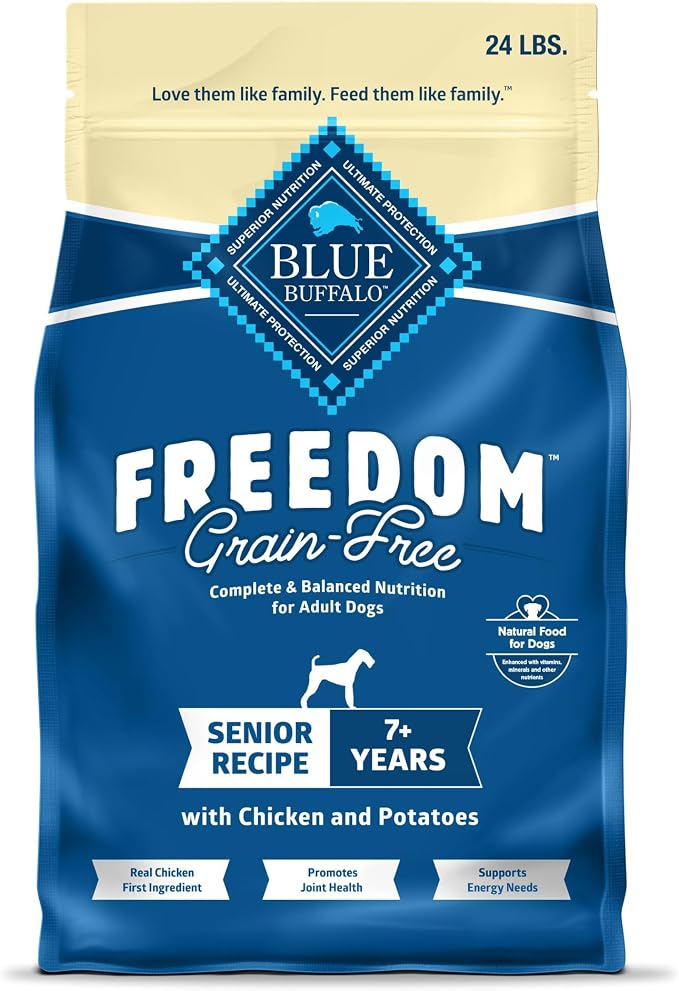 Blue Buffalo Freedom Grain-Free Senior Dry Dog Food, Provides Energy to Stay Active, Made in the USA with Natural Ingredients, Chicken & Potatoes, 24-lb Bag