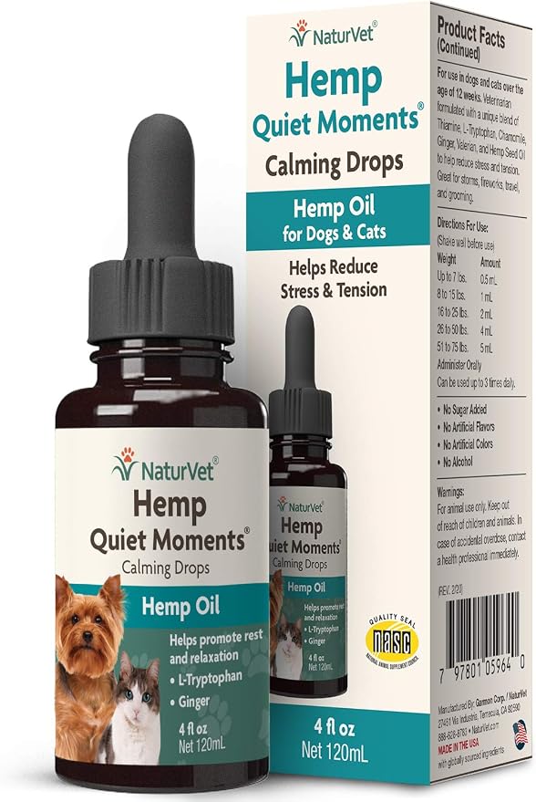 Hemp Quiet Moments Calming Drops - 4 oz – Enhanced with Hemp Seed Oil, L-Tryptophan & Ginger – Helps Reduce Stress & Promote Relaxation – for Dogs & Cats
