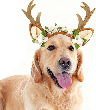 FLAdorepet Pet Cat Dog Elk Antler Deer Horn Headband Headwear Hat,Halloween Christmas Dog Reindeer Deer Costume Outfits for Small Medium Large Dogs Pet Hair Accessories Apparel Gifts