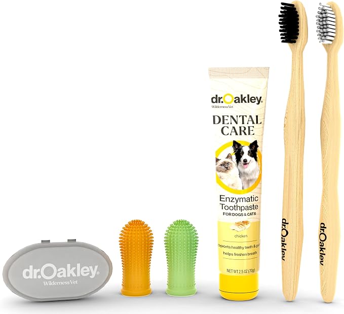 Dr. Oakley Dental Toothbrush Kit for Dogs & Cats, Chicken Flavor | Finger Brush for Small Pets, Soft Brushes for Large or Older Pets, Natural and Safe