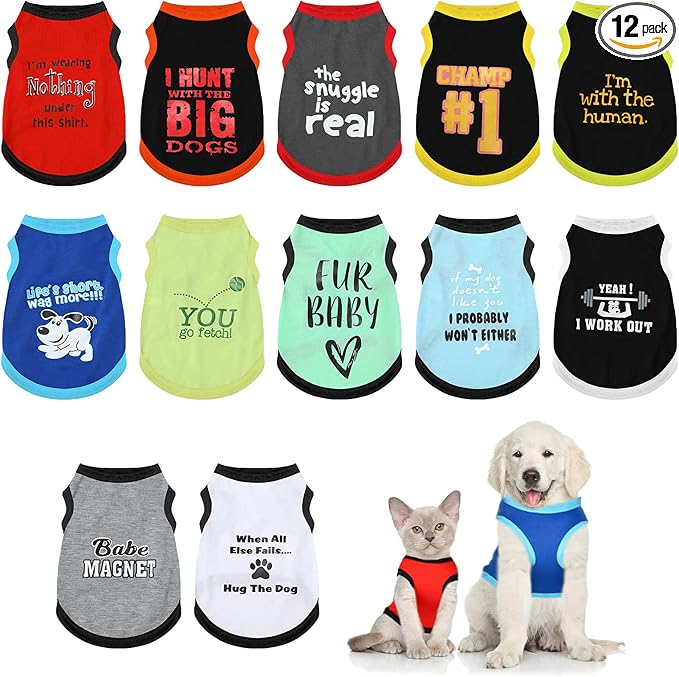 12 Pieces Dog Shirts Pet Printed Clothes with Funny Letters Summer Pet T Shirts Cool Puppy Vest Breathable Dog Outfit Soft Cat Sweatshirt for Chihuahuas Cats Accessories, 12 Styles(Small)