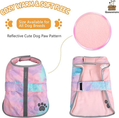 Queenmore Dog Winter Coat, Cold Weather Fleece Jacket for Dogs, Waterproof Reflective Reversible, for Small, Medium and Large Dogs (Tie-Dye, L)