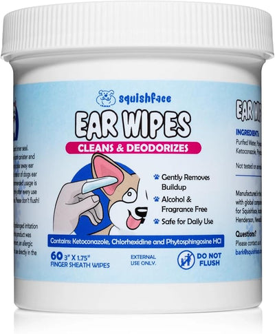 Squishface Ear Wipes – Finger Wipe Dog Ear Itch & Cleaner, 60 Count