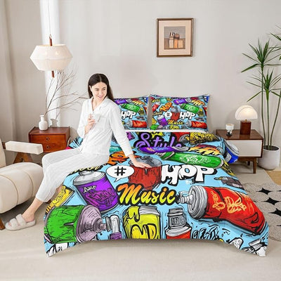 Erosebridal Hip Hop Comforter Set Queen Size, Graffiti Style Down Comforter for Kids Boys Girls Teens, Street Culture Bedding Set Grunge Watercolor Lightweight Bedding Comforters Bedroom Decor, Blue