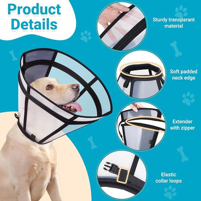 Dog Cone, Transparent Recovery Collar for Large Medium Small Pets, Adjustable Length, Soft Cone for Dogs to Stop Licking, Padded Elizabethan Collar with Elastic Loops After Surgery Patented
