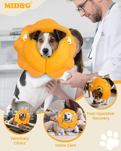 MIDOG Inflatable Dog Cone Collar, Cute Lion Mane Recovery Collar for Large Medium Dogs, Soft Blow-Up Donut Alternative After Surgery, Anti-Lick Protective Neck E-Collar (L, 15"-20")