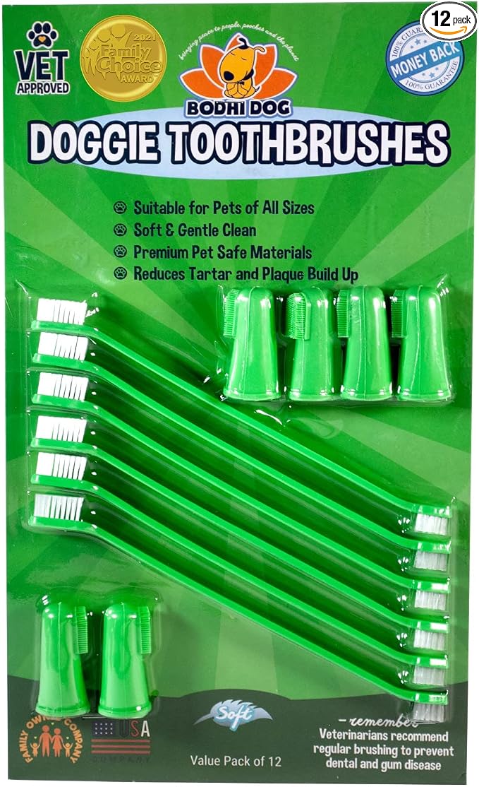 Toothbrush Combo Pack - Soft Finger & Dual-Ended Brushes - Gentle Bristles for Dogs & Cats - Easy Teeth Cleaning (6 Long & 6 Finger)