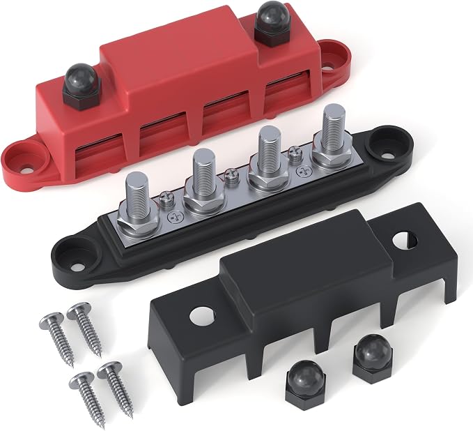 Bus Bar 12V 250A Power Distribution Block 4 x 3/8"(M10) Studs | Marine Bus Bar, 12 Volt Battery Busbar, Terminal Block, Automotive, Car, Boat, Solar Wiring, Positive & Negative